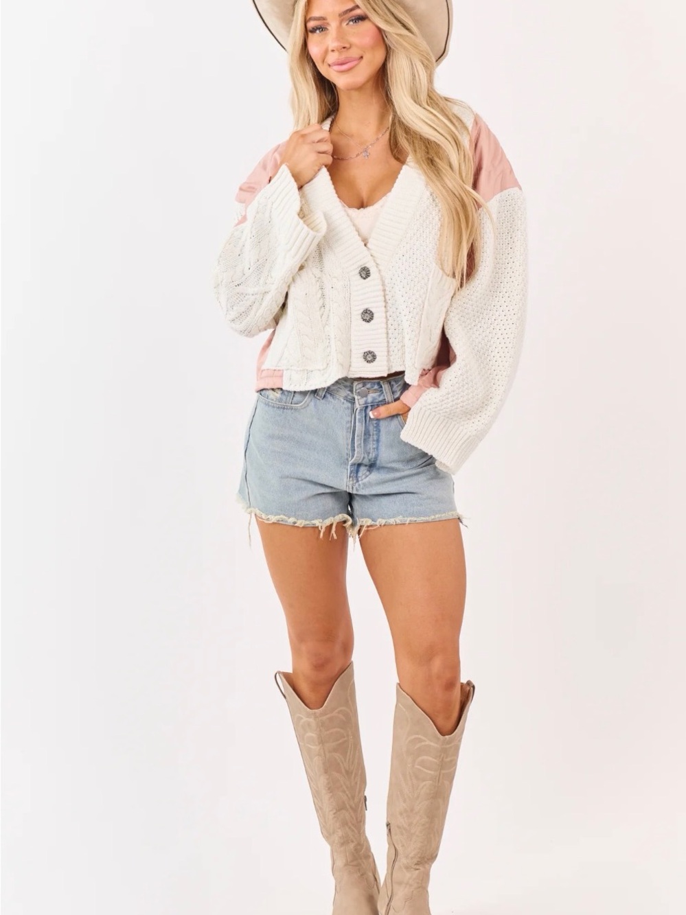 POL Cream Cable Knit Cardigan Quilted Pink Satin Patchwork Button Front Size M - Picture 2 of 15